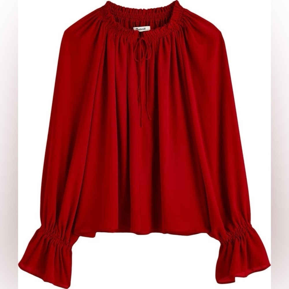 Madewell Long-Sleeve Tie-Neck Top in Crimson Berry, NWT